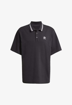 Pólo preto feito de algodão, com mangas curtas, colarinho clássico com riscas brancas e um pequeno logotipo Adidas branco no peito.