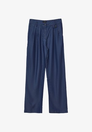 Pantalons large bleu marine en tissu léger, dotés de plis avant, de deux poches et d'une fermeture à bouton à la taille.