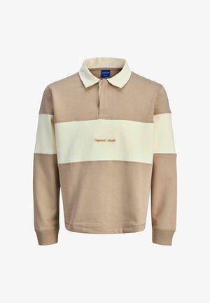 Beež ja kreemikas kampsun, millel on krae, horisontaalne värviplokiga disain ja tikitud tekst ees. Valmistatud pehmest kangast.