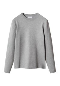 Sudadera gris de manga larga en tejido suave y liso. Presenta un escote redondo y un corte holgado sin patrones ni acentos visibles.