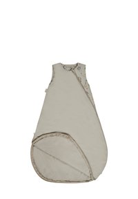 Ärmelloser Schlafsack aus weichem beige Stoff. Verfügt über einen Reißverschluss und einen geschwungenen Saum. Das Innenfutter hat ein verspieltes Tiermuster in gedämpften Farben.