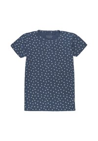 Tricou bleumarin cu mânecă scurtă, fabricat dintr-un material moale, având un model floral alb și un guler cu margini ondulate. Mărimea 4 ani.