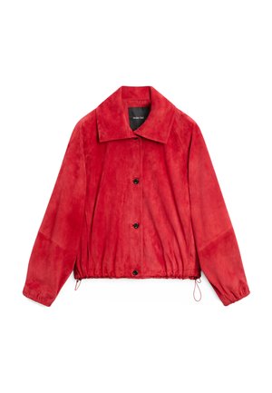 Red suede jacket with wide collar, black buttons down front, elastic cuffs, and adjustable drawstring hem.