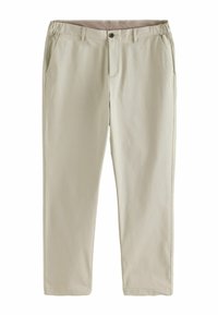 Pantaloni beige realizzati in tessuto leggero. Presentano una chiusura con zip e bottone, passanti per cintura e tasche laterali. Texture liscia e vestibilità dritta.
