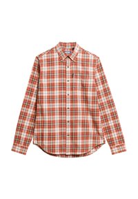 Rot-weiß kariertes Hemd mit langen Ärmeln, Button-Down-Kragen und Brusttasche. Verfügt über einen dezenten strukturierten Stoff und ein Markenetikett.