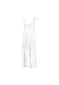 Robe maxi blanche avec des bretelles ajustables, tissu texturé, décolleté en V et design à volants. Silhouette légère et fluide.