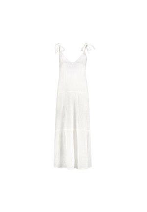 White maxi dress with adjustable tie straps, textured fabric, v-neckline, and tiered design. Lightweight and flowing silhouette.