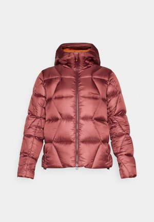 Bordeauxkleurige pufferjack met een capuchon en een ritssluiting aan de voorkant, met een diamanten quiltpatroon en oranje voering.