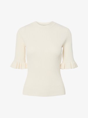 Haut court en maille côtelée couleur crème avec manches courtes à volants et encolure ronde, silhouette ajustée.