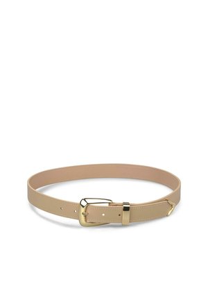 Cinturón de cuero beige con hebilla rectangular dorada y agujeros ajustables, colocado plano sobre un fondo blanco.