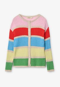 Mehrfarbiger Rippstrick-Cardigan mit Streifen in Rosa, Rot, Blau, Gelb und Grün, mit Knopfleiste und beigem Saum.