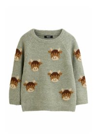 Világoszöld pulóver, amelyen barna és krémszínű tehénfejek ismétlődő mintája található. Puha tapintású, kerek nyakkivágással és bordázott mandzsettákkal rendelkezik.