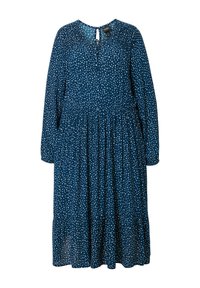 Robe midi bleue à manches longues avec motif à pois blancs irréguliers, encolure ronde avec fermeture à nouer, taille et jupe froncées.