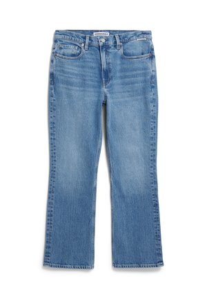 Blue denim flared jeans with a faded wash, five pockets, and a button closure. Features a straight leg and sturdy stitching details.