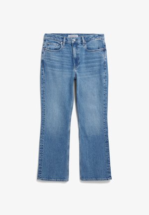 Blauwe denim flared jeans met een vervaagde was, vijf zakken en een knoopsluiting. Beschikt over een rechte pijp en stevige stikseldetails.
