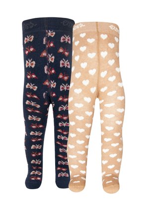 Two pairs of children's tights, one navy with red and pink butterfly patterns, the other beige with white heart patterns.