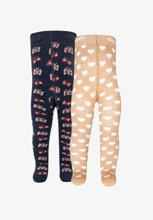 Two pairs of children's tights, one navy with red and pink butterfly patterns, the other beige with white heart patterns.
