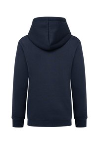 Granatowa bluza z kapturem wykonana z miękkiego materiału, charakteryzująca się pojemnym kapturem, długimi rękawami oraz ściągaczami na mankietach i u dołu. Minimalistyczny design bez widocznych wzorów.