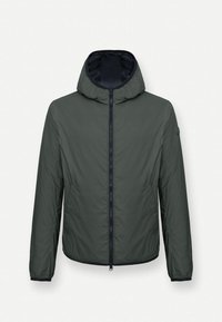 Leichte, dunkelgrüne Jacke mit Kapuze, durchgehendem Reißverschluss und elastischen Bündchen. Sie verfügt über eine glatte Textur und ein minimalistisches Design.