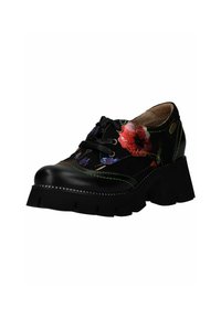 Zwarte veterschoen met een bloemenpatroon van klaprozen, chunky hak en contrasterend groene stiksel op een gladleren bovenwerk.