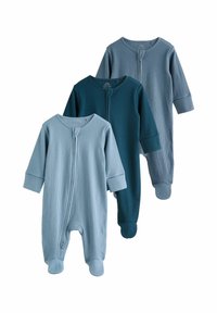 Tre body per neonati a maniche lunghe in diverse tonalità di blu, realizzati in tessuto a costine con cerniere frontali e piedi.