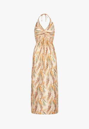 Halter neck maxi dress in light fabric featuring a mix of orange, green, and brown leaf patterns, with a gathered bodice and flowing skirt.