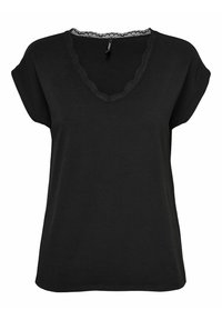 Camiseta negra de manga corta con cuello en V, con un adorno de encaje alrededor del escote. Fabricada con tejido suave, de corte relajado y diseño simple.