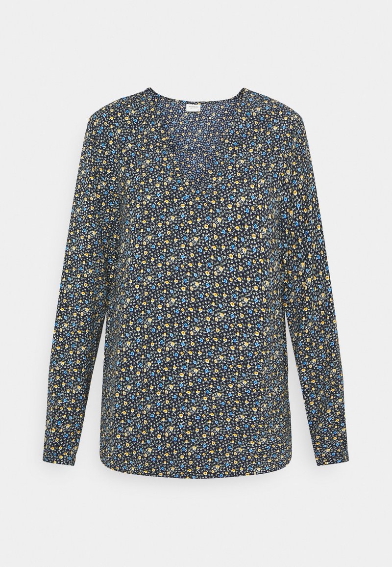 Langärmlige Bluse aus navy Stoff mit floralen Mustern in Gelb und Blau, mit V-Ausschnitt und geradem Schnitt. Weicher Stoff.