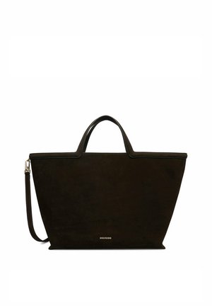 Czarna trapezowa torba na ramię z dwoma krótkimi uchwytami, odpinanym paskiem na ramię i małym złotym logo "GINO ROSSI" na przodzie.