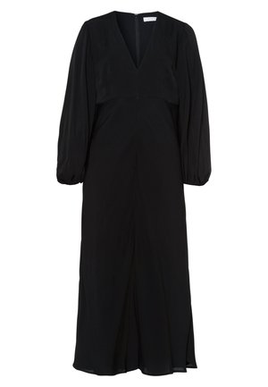 Musta pitkähihainen mekko V-pääntiellä, pleated-vyötäröllä ja edessä halkio. Valmistettu kevyestä kankaasta, jossa on sileä rakenne. Vetoketju takana.