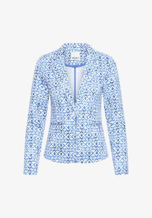 Vienpogas žakete ar zilas un baltas abstraktas ziedu rakstu, ar negludu atveramu apkakli un divām priekšējām kabatām.