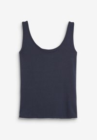 Débardeur bleu marine en tissu doux, avec de larges bretelles et un col arrondi. Texture lisse, sans motifs ni accessoires.