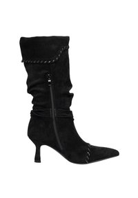 Schwarzer Wildleder-Stiefelette mit lockerem Design. Verfügt über einen seitlichen Reißverschluss, eine spitze Zehenpartie und geflochtene Details entlang des oberen Bereichs und der Zehenpartie.