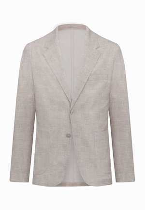 Hellgrauer Blazer mit zwei Knöpfen, Kerbkragen, Brusttasche und zwei aufgesetzten Taschen unten, aus strukturiertem Stoff gefertigt.