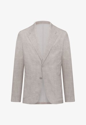 Jasnoszara marynarka na dwa guziki, z klapami z nacięciem, kieszenią na wysokości klatki piersiowej oraz dwiema dolnymi naszywanymi kieszeniami, wykonana z tkaniny o fakturze.