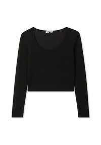 Czarny długi rękaw crop top z okrągłym dekoltem, wykonany z teksturowanego materiału, charakteryzujący się dopasowanym krojem i minimalistycznym stylem.