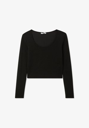 Czarny długi rękaw crop top z okrągłym dekoltem, wykonany z teksturowanego materiału, charakteryzujący się dopasowanym krojem i minimalistycznym stylem.