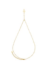 Goldkette mit einer dünnen Kette, runden Perlen, einem Kreuzanhänger oben und einem kleinen kreisförmigen Anhänger, der am Verschluss befestigt ist.