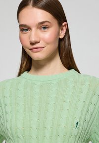 Ljusgrön stickad tröja med kabelmönster, rundad halsringning och en subtil detalj av en liten logotyp på vänster sida. Texturerad yta.