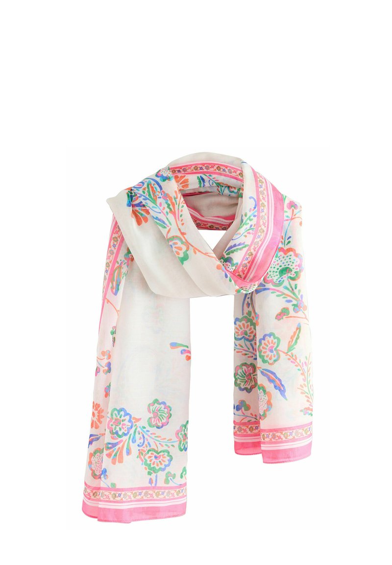 Fular ușor, din crem, cu modele florale și de viță de vie colorate, cu margini și accente roz. Textură moale, design fluid.