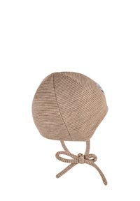 Brown striped baby hat with a rounded shape, tie closure under the chin, and a small logo detail on the side. Soft, textured fabric.