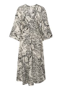 Linda klänning i ljus krämfärg med svart blommönster, V-halsringning, vida ärmar och åtstramad midja, tillverkad av mjukt, flödande tyg.