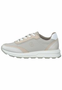 Beige leather sneaker with white accents, round toe, flat lace closure, and textured rubber sole. Features subtle stitching and logo detail.