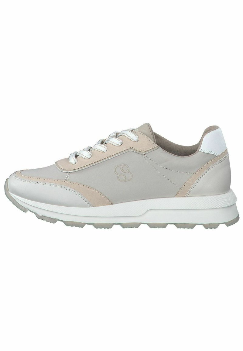 Beige leather sneaker with white accents, round toe, flat lace closure, and textured rubber sole. Features subtle stitching and logo detail.