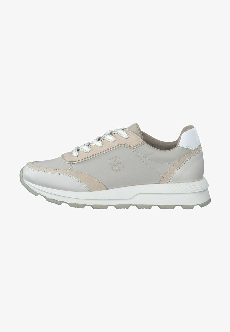 Beige leather sneaker with white accents, round toe, flat lace closure, and textured rubber sole. Features subtle stitching and logo detail.