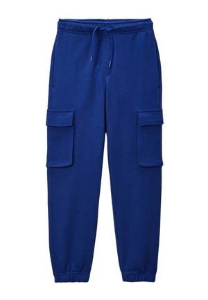 Pantalons cargo en coton bleu avec une taille élastique, un cordon de serrage réglable et deux poches latérales avec rabats. Poignets resserrés.