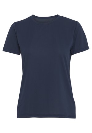 Námořnická modrá tričko s krátkým rukávem vyrobené z hladké tkaniny s kulatým výstřihem a rovnoměrným švem. Má jednoduchý, klasický design bez vzorů.