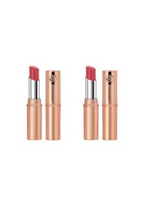 Deux rouges à lèvres dans des étuis cylindriques en or rose avec des accents argentés. Chacun a une pointe lisse et arrondie dans une teinte rose doux.