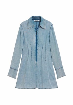 Light blue denim jacket with a collar, long sleeves, and fringed detailing along the front. Features contrasting stitching and a slightly flared hem.