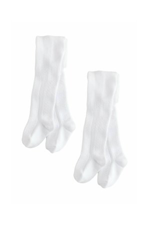 Weiße Baumwollsocken, knielang, mit geripptem Muster, verstärkten Zehen und Fersen, die eine glatte Oberfläche und keine sichtbaren Muster oder Akzente aufweisen.